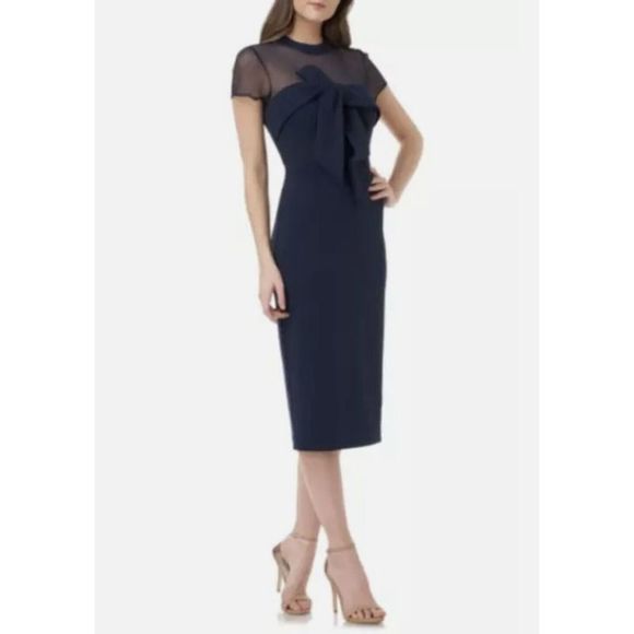 JS COLLECTION Womens Navy Bow Short Sleeve Midi Evening Sheath Dress 4 - Picture 1 of 1